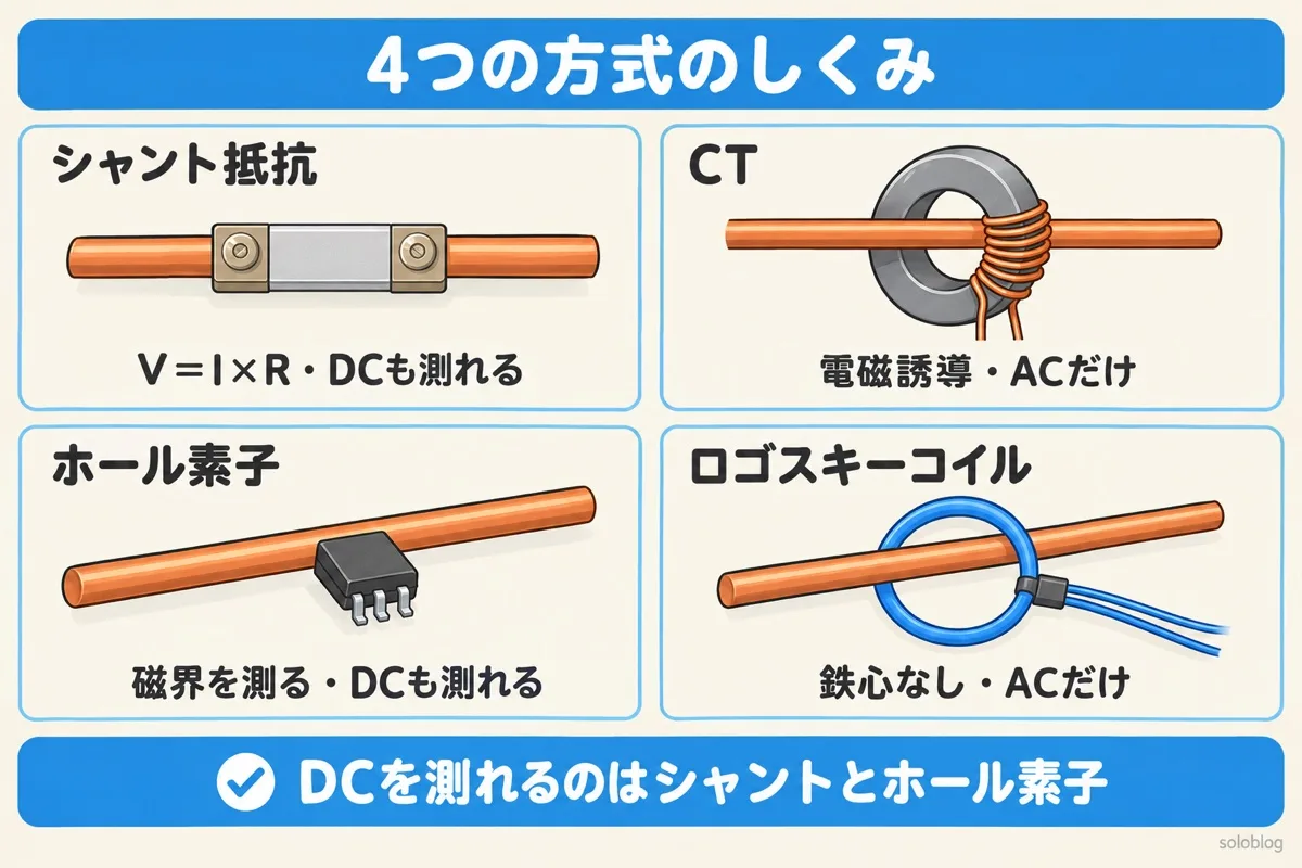 4つの電流検出方式の図。シャント抵抗はV=I×RでDCも測れる。CTは電磁誘導でACだけ。ホール素子は磁界を測りDCも測れる。ロゴスキーコイルは鉄心がなくACだけ