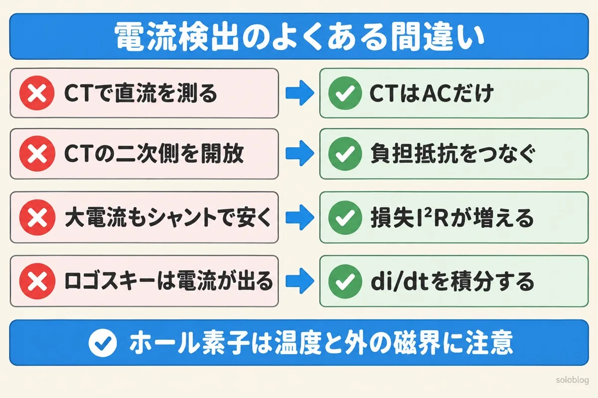 電流検出のよくある間違いの図。CTは交流だけ、CTの二次側は開放せず負担抵抗をつなぐ、シャントは大電流で損失が増える、ロゴスキーの出力はdi/dtなので積分する
