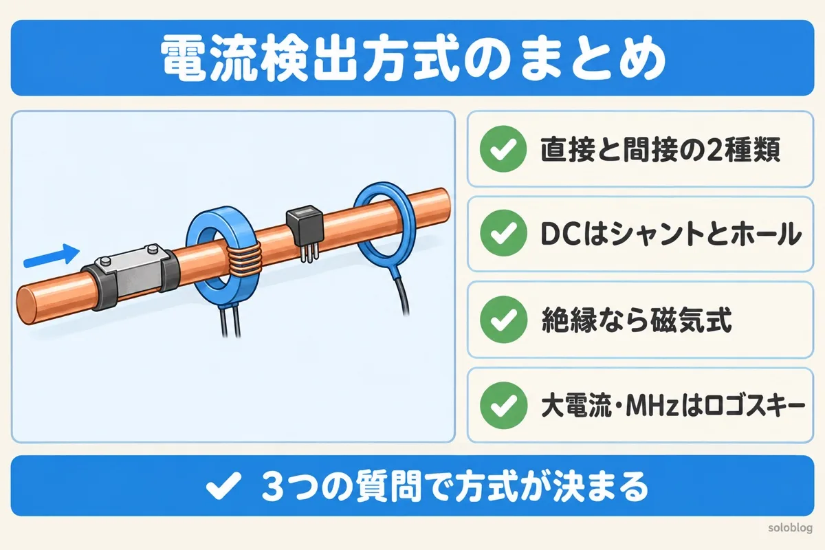 電流検出方式のまとめの図。直接と間接の2種類、DCが測れるのはシャントとホール、絶縁が要るなら磁気式、大電流やMHz帯はロゴスキー