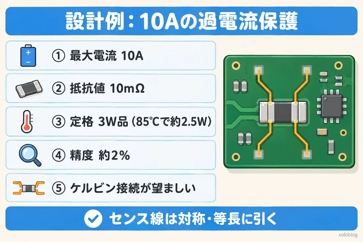 シャント抵抗の設計例の図。最大電流10A、抵抗値10mΩ、定格3W品で85℃で約2.5W、精度約2%、ケルビン接続が望ましい