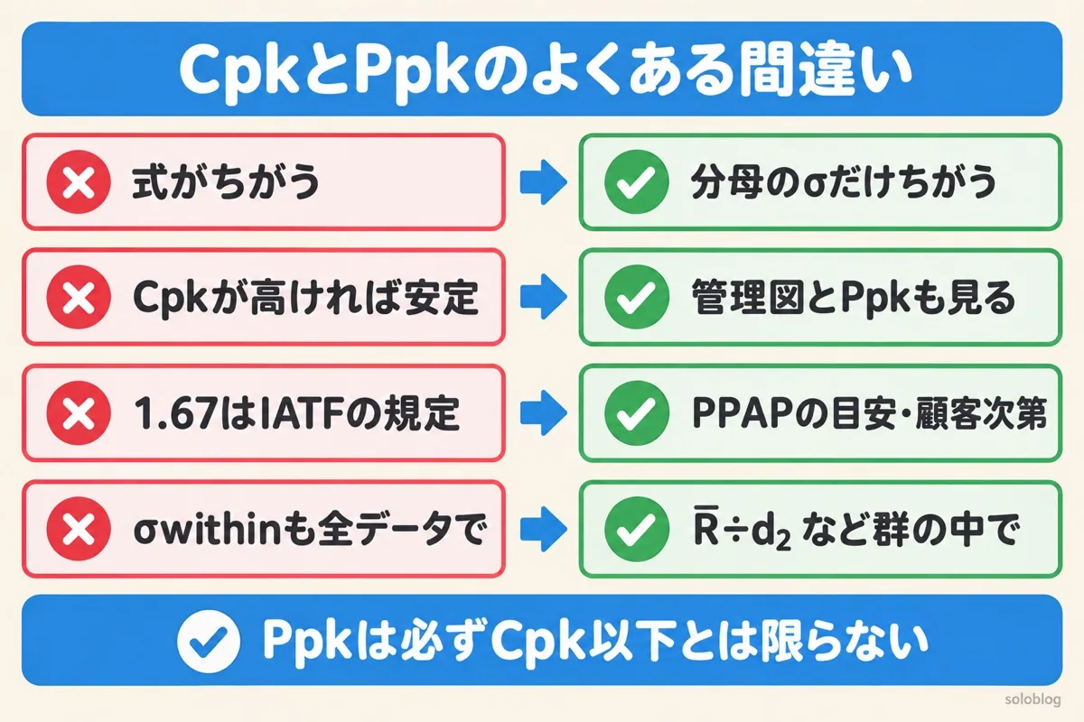 CpkとPpkのよくある間違いの図。式の形は同じで分母のσだけがちがう、Cpkが高くても管理図とPpkを見る、1.67はPPAPの目安で顧客次第、σwithinは群の中のばらつきで出す