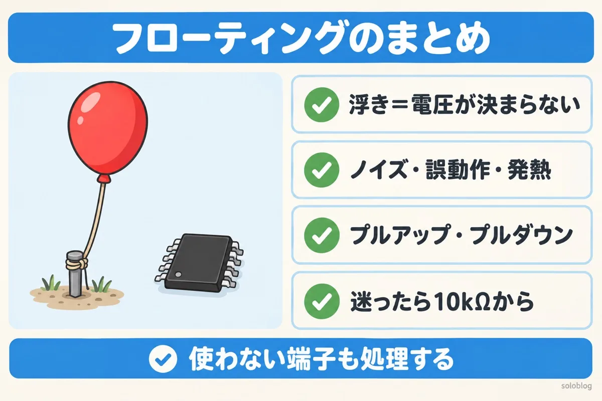 フローティングのまとめの図。浮きは電圧が決まらない状態、ノイズ・誤動作・発熱の原因、プルアップ・プルダウンで防ぐ、抵抗は迷ったら10kΩから