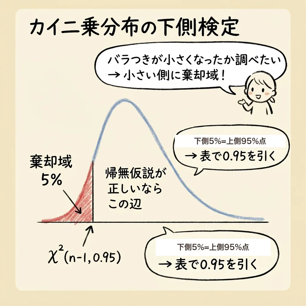 カイ二乗分布の下側検定の図。ばらつきが小さくなったかを調べるときは小さい側に棄却域5%を置く。下側5%の点は上側95%点なので、表でχ²(n−1, 0.95)を引く