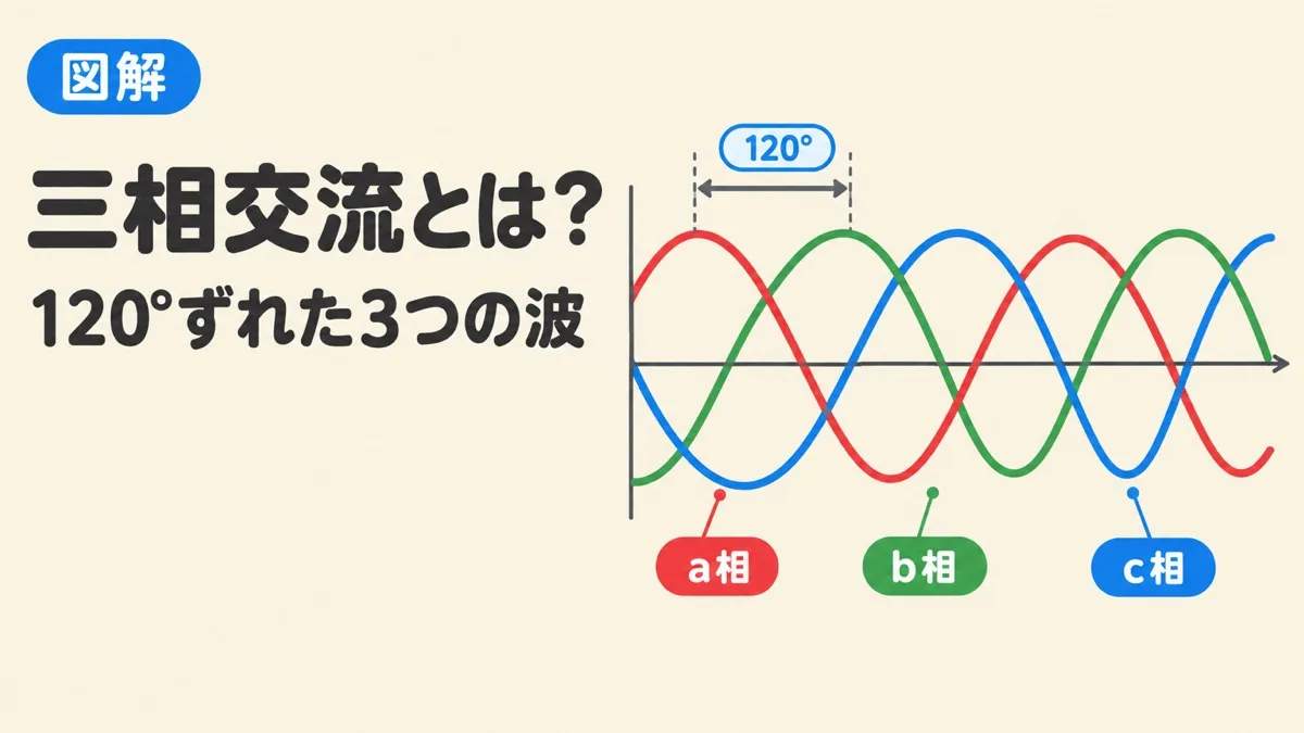 三相交流とは何かを表すアイキャッチ。赤・緑・青の3つの波が120°ずつずれて並んでいる