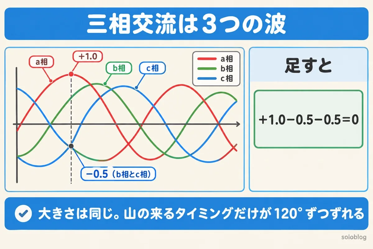 三相交流の3つの波の図。a相が山のときb相とc相は−0.5で、足すと0になる