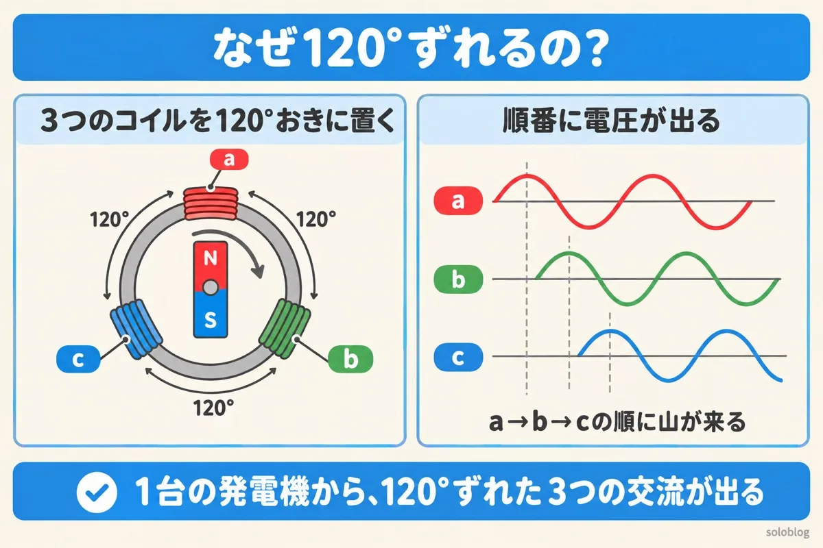 三相交流が120°ずれる理由の図。発電機の中に3つのコイルが120°おきに並び、回る磁石が順に電圧を起こす