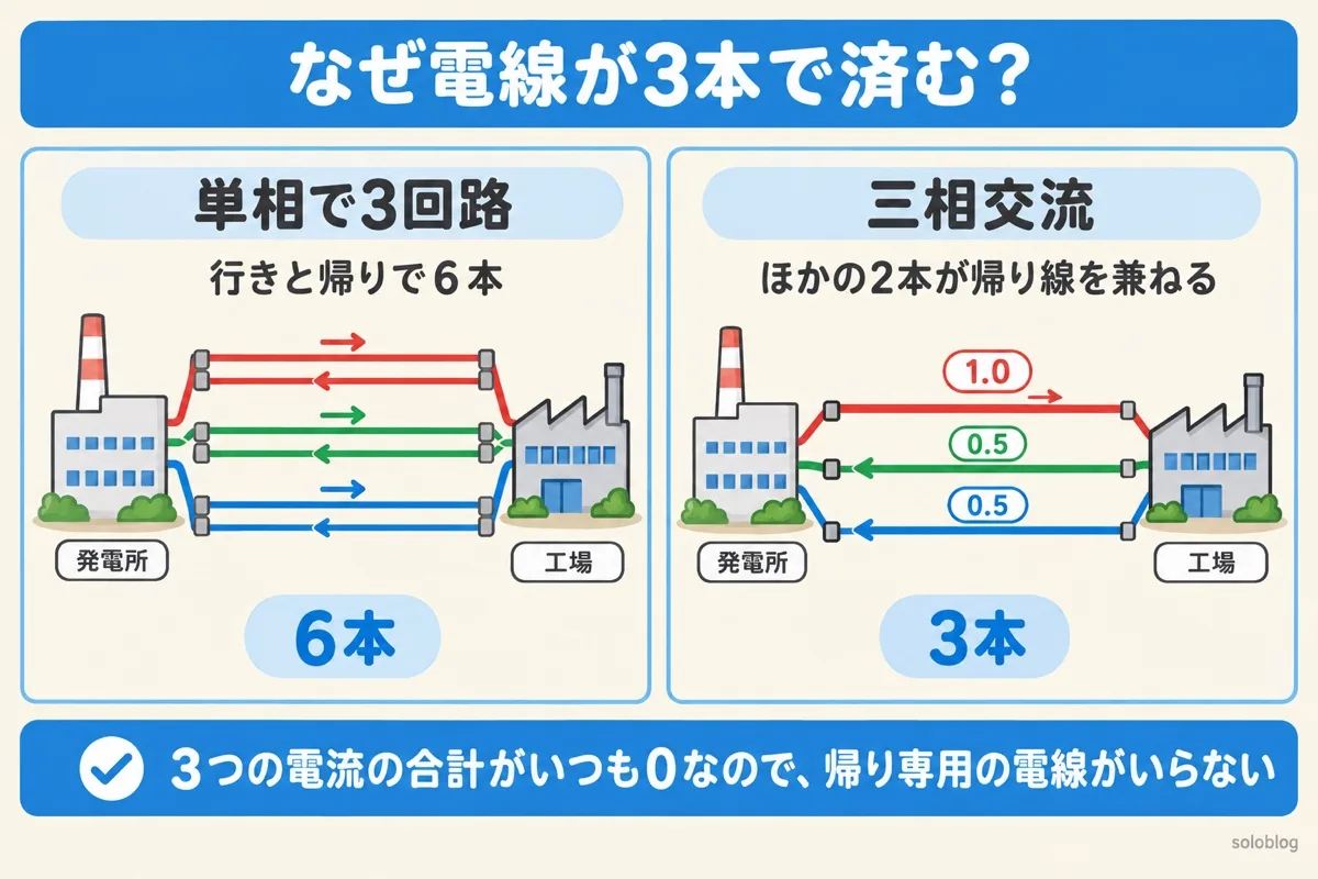 三相交流で電線が3本で済む理由の図。単相で3回路送ると6本、三相ならほかの2本が帰り線を兼ねて3本
