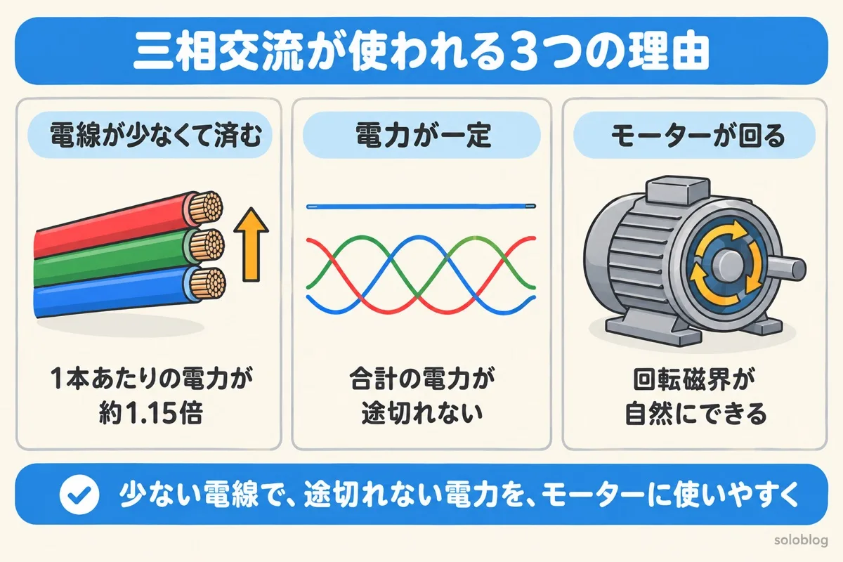 三相交流が使われる3つの理由の図。電線1本あたりの電力が約1.15倍、電力が一定、回転磁界でモーターが回る