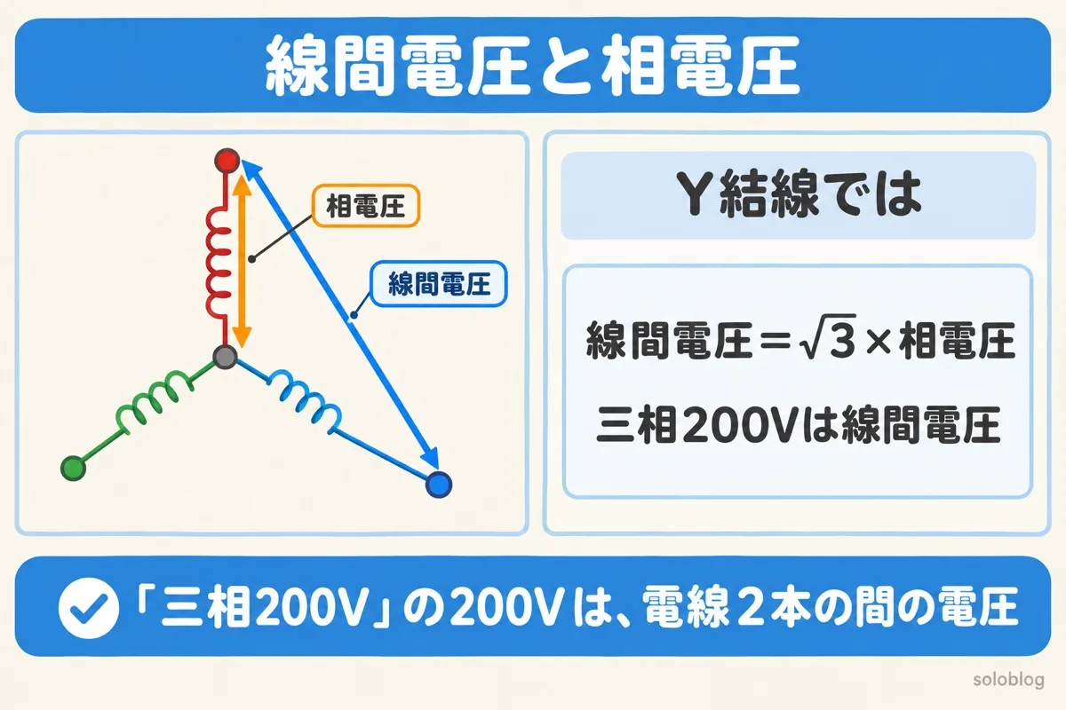 三相交流の線間電圧と相電圧の図。Y結線では線間電圧が相電圧の√3倍で、三相200Vは線間電圧