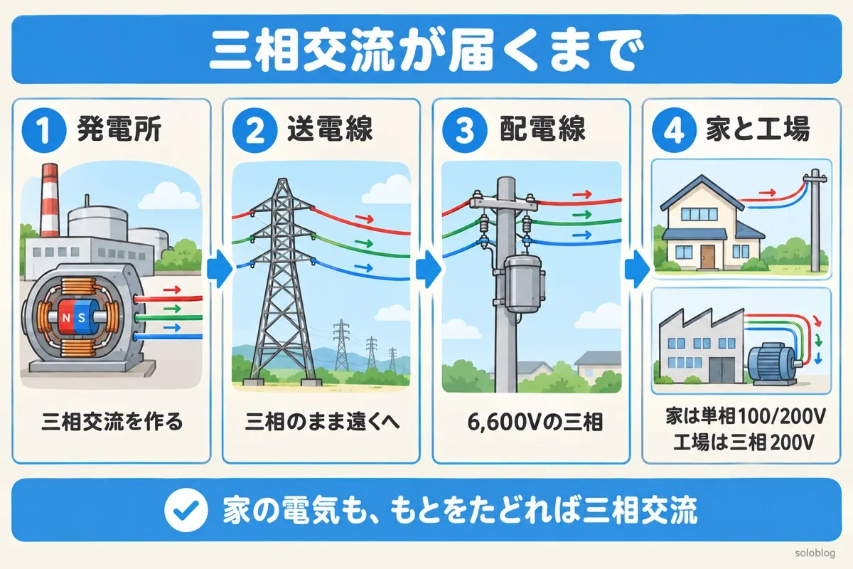 三相交流が発電所から家と工場に届くまでの図。三相のまま送られ、家は柱上変圧器で単相に、工場は三相200Vで受ける