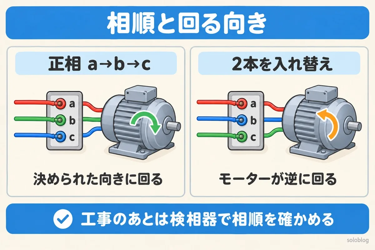 三相交流の相順の図。電線を2本入れ替えると相順が逆になり、モーターが逆に回る