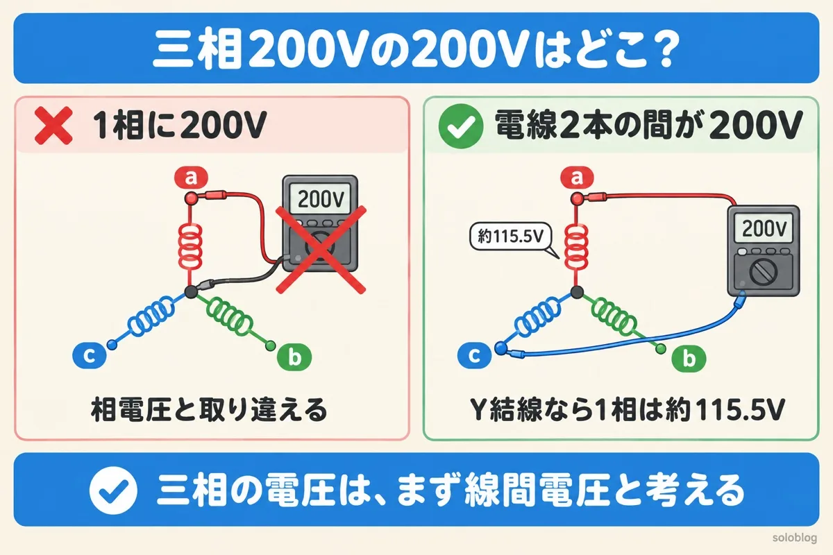 三相交流のよくある間違いの図。三相200Vは1相の電圧ではなく電線2本の間の線間電圧で、Y結線なら1相は約115.5V