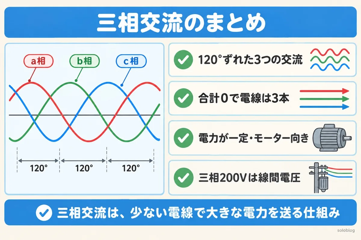 三相交流のまとめの図。120°ずれた3つの交流で、合計0なので電線は3本、電力が一定でモーター向き、三相200Vは線間電圧