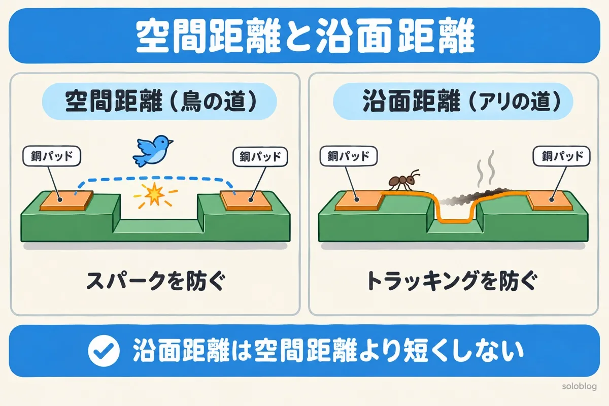 空間距離と沿面距離の違いの図。空気中の直線の空間距離はスパークを防ぎ、表面に沿った沿面距離はトラッキングを防ぐ