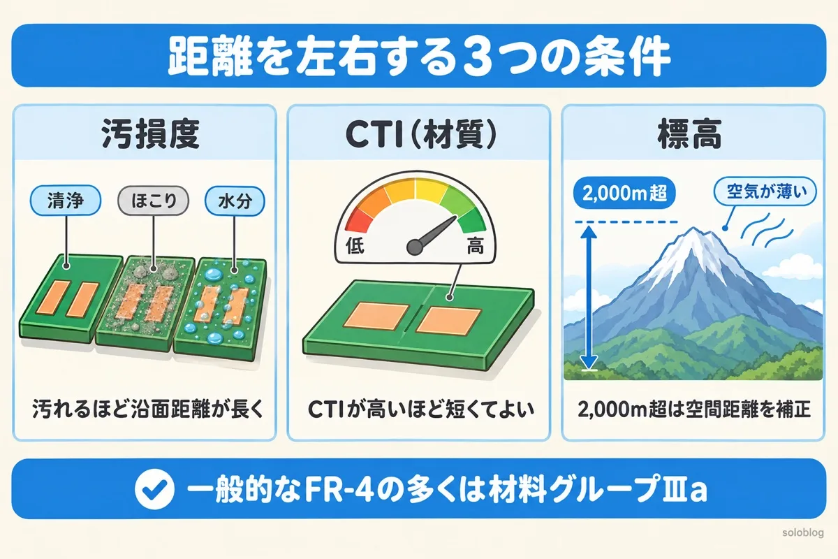 沿面距離と空間距離を左右する条件の図。汚れるほど沿面距離が長く必要、CTIが高い材質ほど短くてよい、標高2,000mを超えると空間距離を補正する