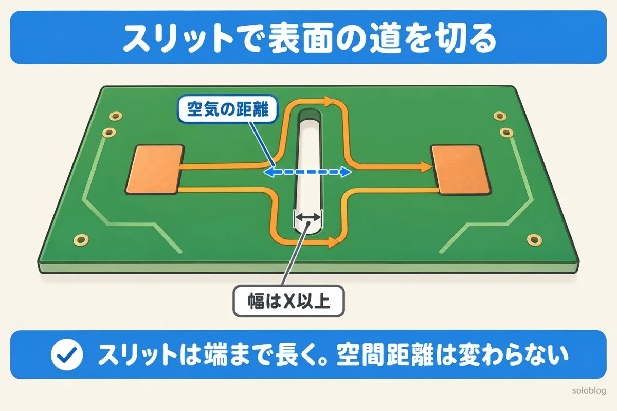 スリットの効果の図。基板を貫通するスリットで表面の道が切れ、沿面距離はスリットの端を回りこむ長い道になる。スリットをまたぐ部分は空気の距離