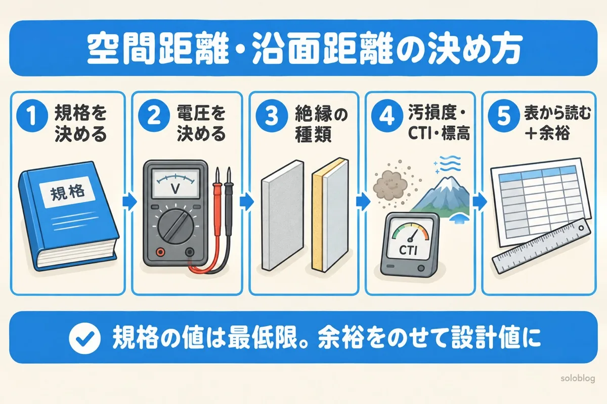 空間距離と沿面距離の決め方の5ステップ。規格を決める、電圧を決める、絶縁の種類を決める、汚損度とCTIと標高を確かめる、規格の表から読んで余裕をのせる