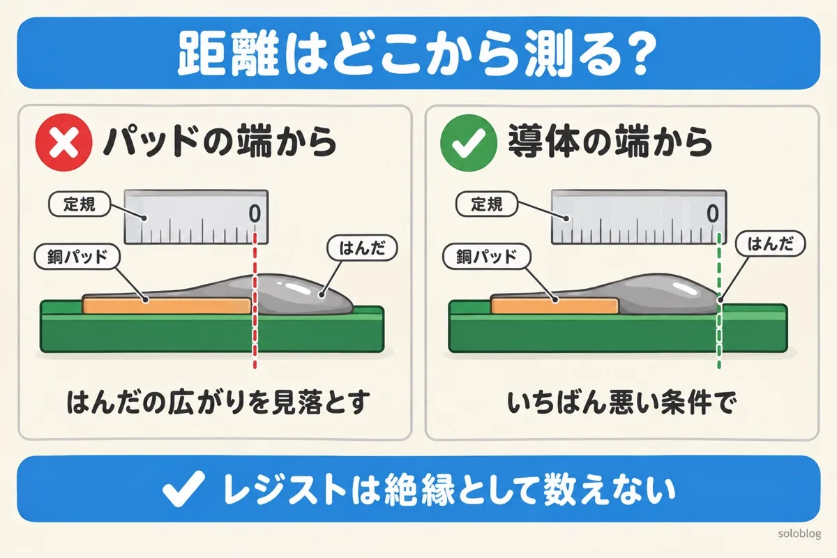 沿面距離と空間距離の測り方の図。パッドの端ではなく、はんだが広がった端など実際の導体の端から、いちばん悪い条件で測る