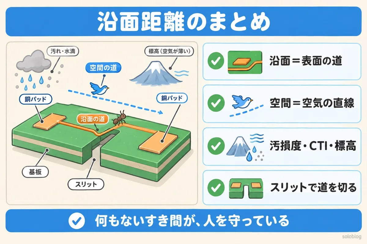 沿面距離のまとめの図。沿面距離は表面の道、空間距離は空気の直線、汚損度とCTIと標高で決まる、スリットで表面の道を切る
