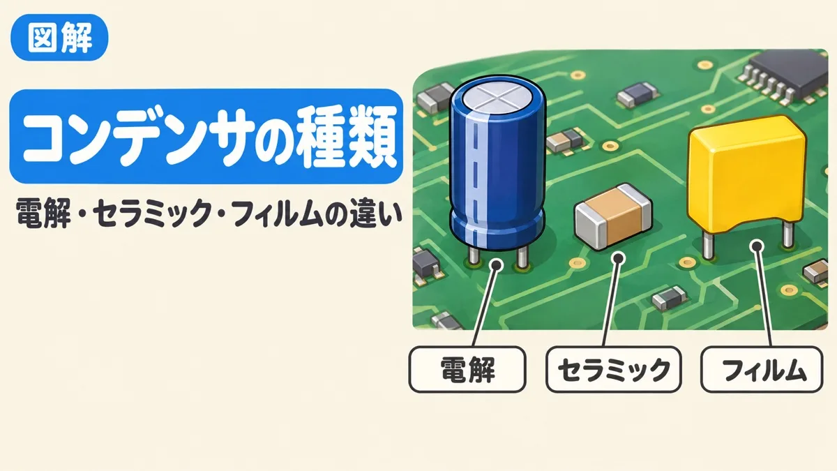 コンデンサの種類を表すアイキャッチ。電解コンデンサ、セラミックコンデンサ、フィルムコンデンサが基板の上に並んでいる