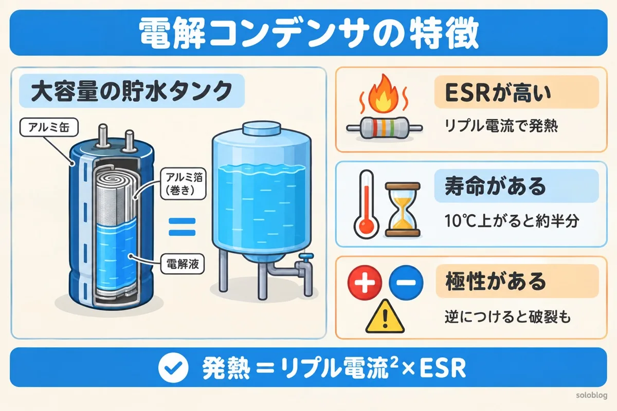 電解コンデンサの特徴の図。大容量の貯水タンクのようだが、ESRが高く発熱する、温度が10℃上がると寿命が約半分、極性があり逆につけると破裂することもある