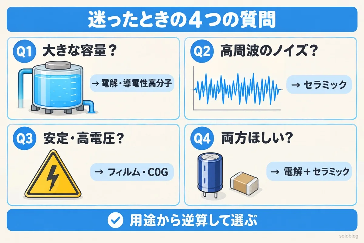 コンデンサの選び方の4つの質問。大きな容量なら電解、高周波のノイズならセラミック、安定と高電圧ならフィルム、両方なら電解とセラミックを並べて使う