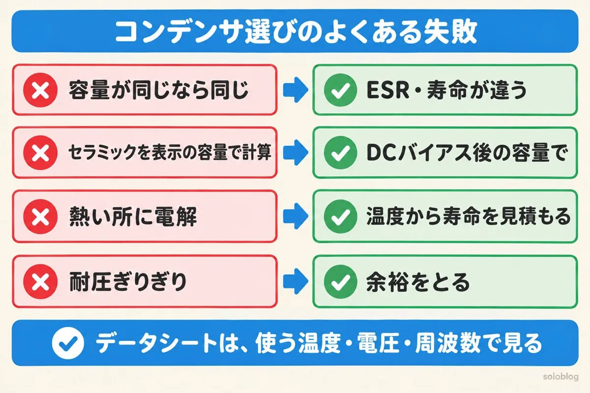 コンデンサ選びのよくある失敗の図。容量が同じでもESRや寿命が違う、セラミックはDCバイアス後の容量で計算、電解は温度から寿命を見積もる、耐圧には余裕をとる