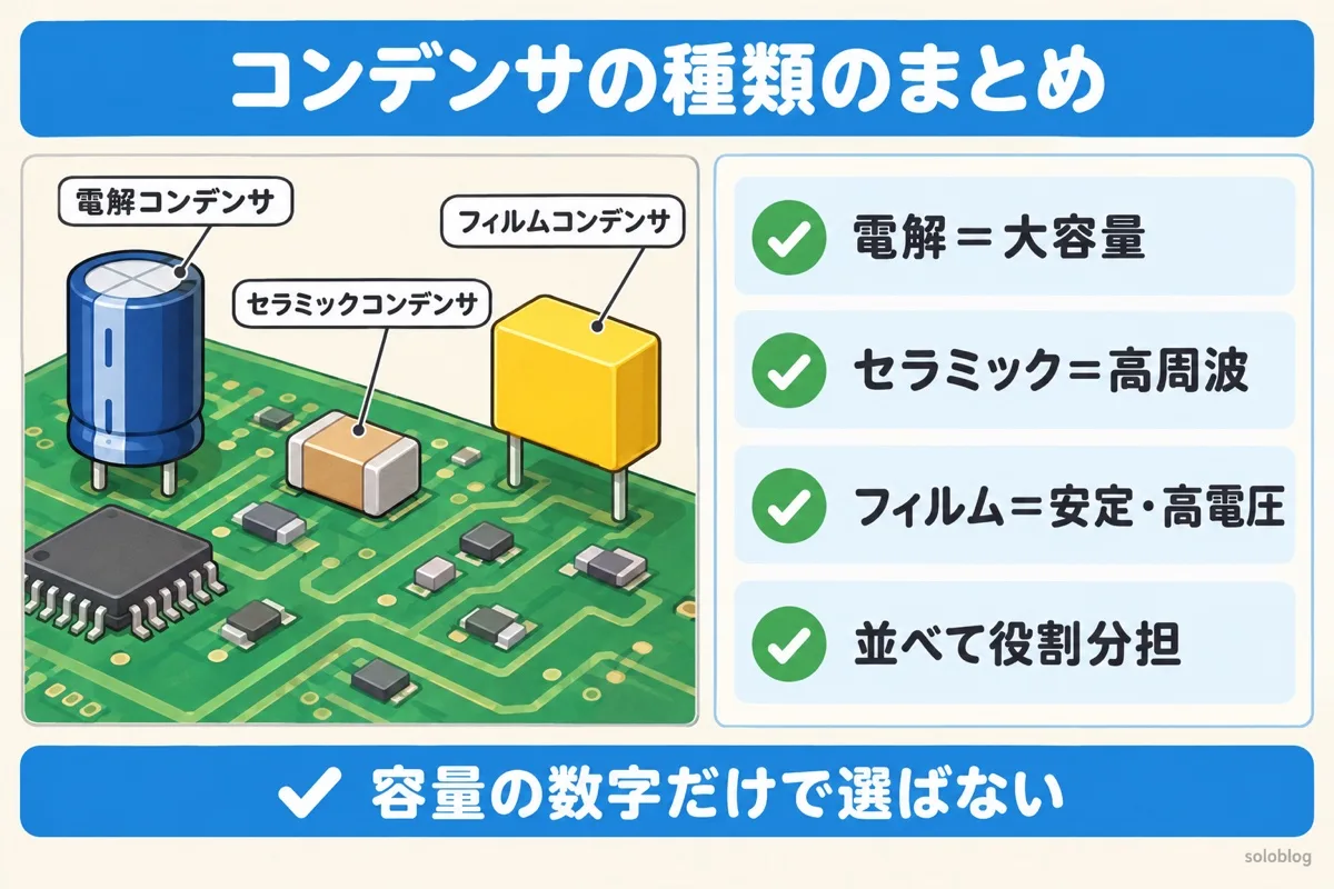 コンデンサの種類のまとめの図。電解は大容量、セラミックは高周波、フィルムは安定と高電圧、並べて役割分担する