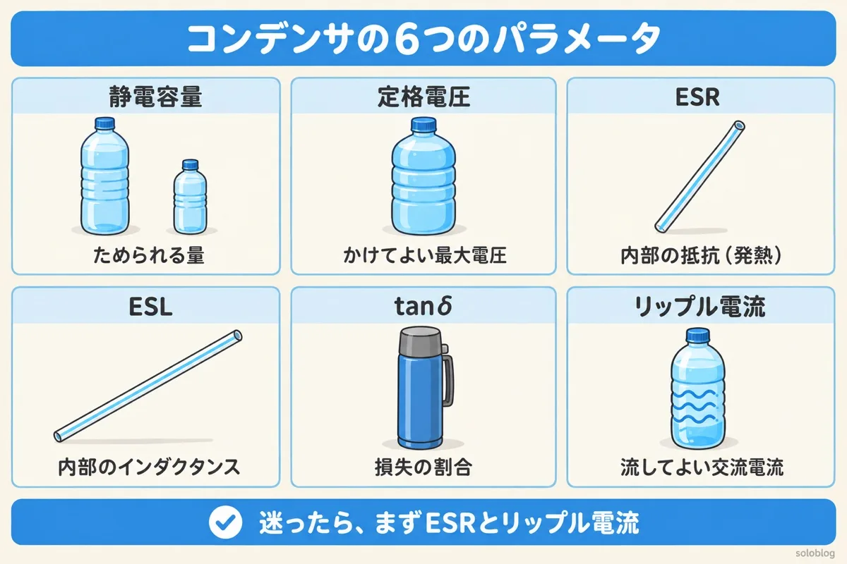 コンデンサの6つのパラメータの図。静電容量はためられる量、定格電圧はかけてよい最大電圧、ESRは内部の抵抗、ESLは内部のインダクタンス、tanδは損失の割合、リップル電流は流してよい交流電流