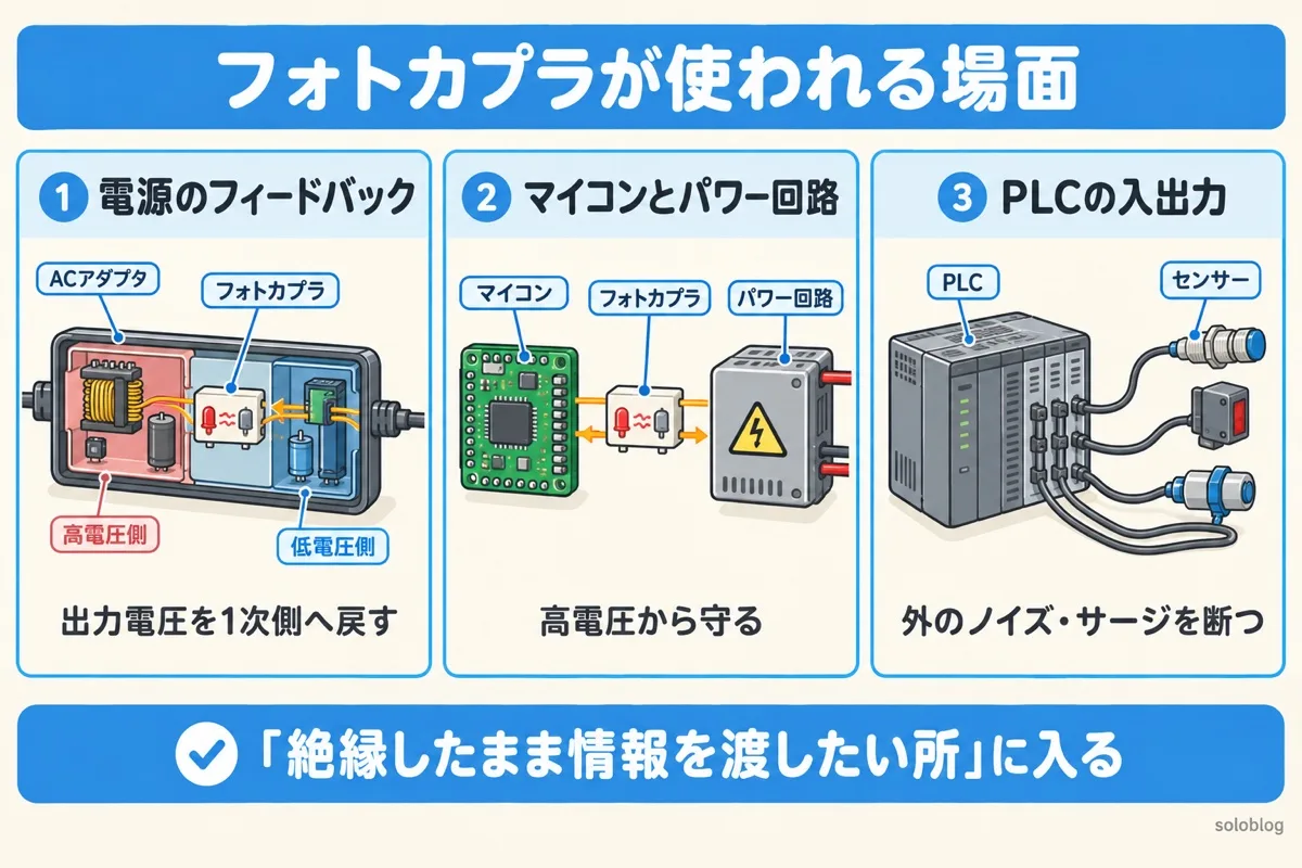 フォトカプラが使われる3つの場面の図。スイッチング電源のフィードバック、マイコンとパワー回路の間、PLCの入出力