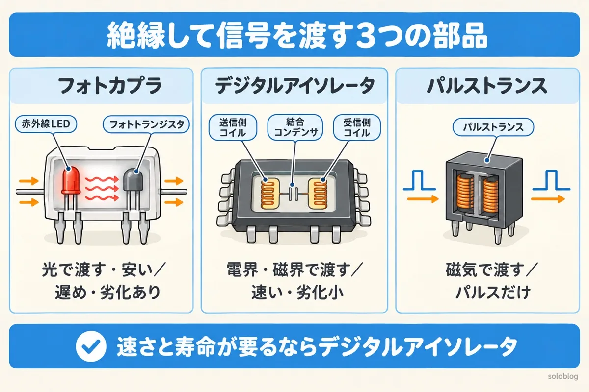 絶縁して信号を渡す3つの部品の図。フォトカプラは光で渡し安いが遅めで劣化がある、デジタルアイソレータは電界や磁界で渡し速く劣化が小さい、パルストランスは磁気でパルスだけを渡す