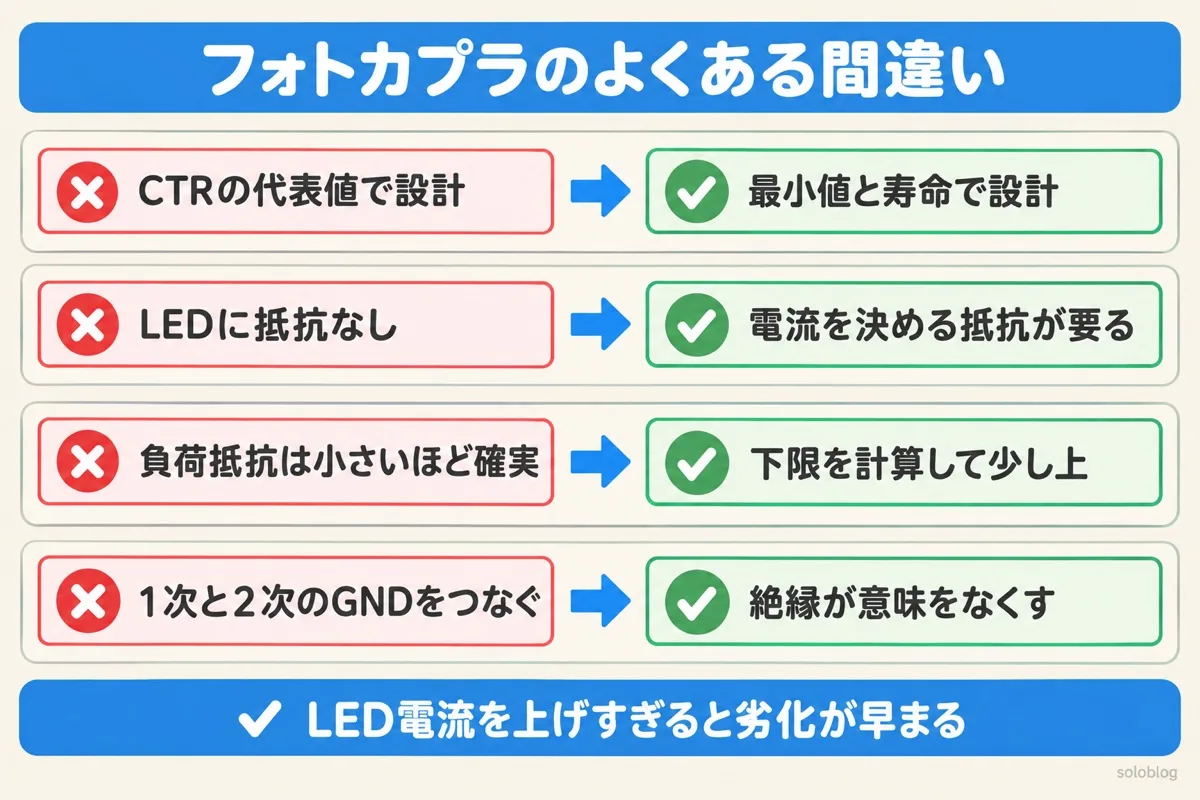 フォトカプラ設計のよくある間違いの図。CTRは最小値と寿命で、LEDには抵抗が要る、負荷抵抗は下限を計算する、1次と2次のGNDをつながない