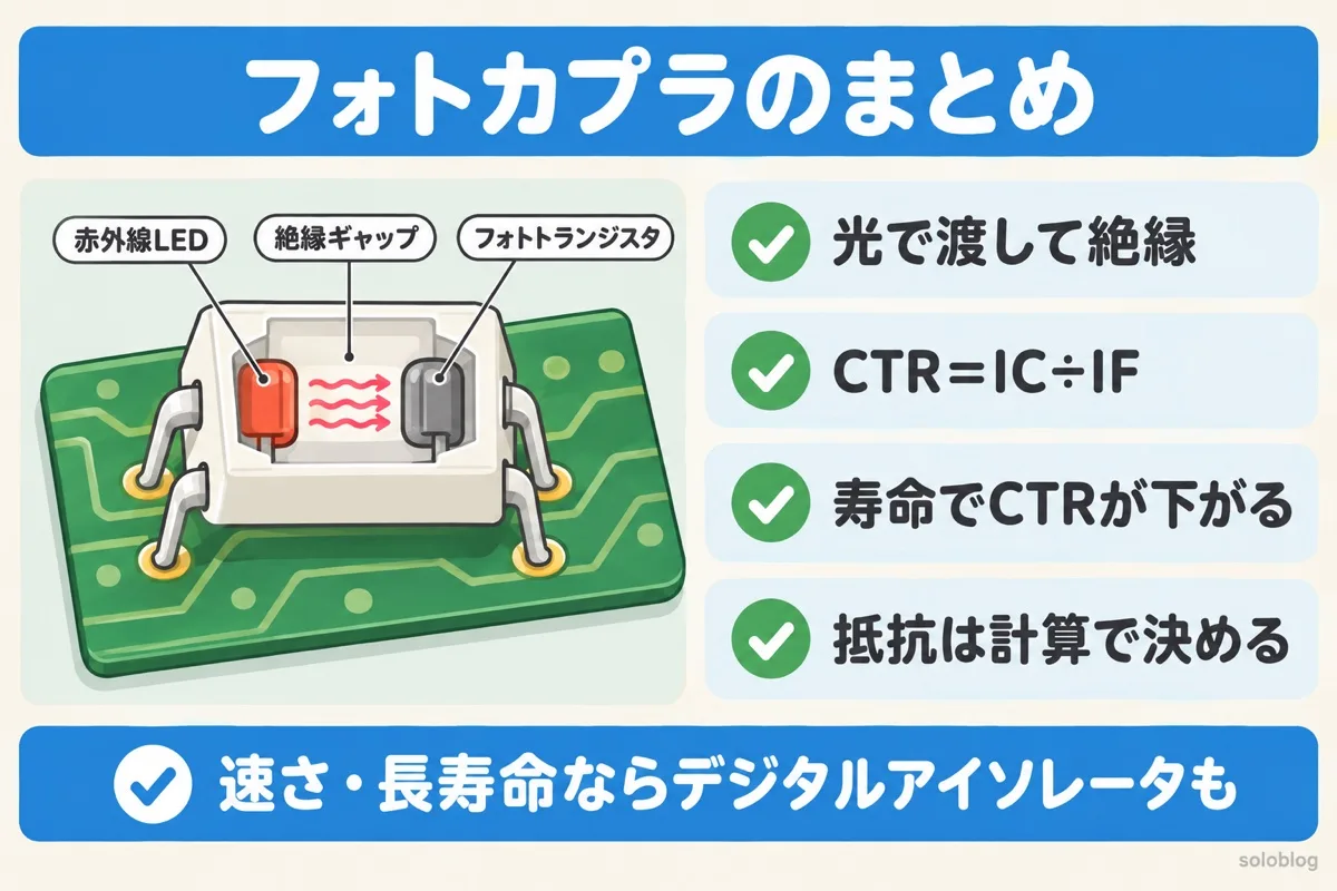 フォトカプラのまとめの図。光で渡して絶縁する、CTRは出力電流÷LED電流、寿命でCTRが下がる、抵抗は計算で決める