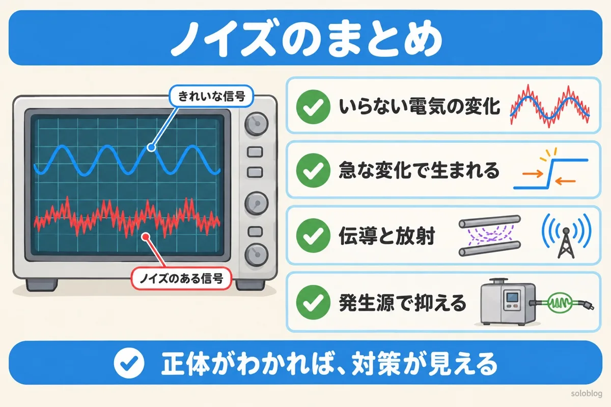 ノイズのまとめの図。いらない電気の変化、急な変化で生まれる、伝導と放射で伝わる、発生源で抑える