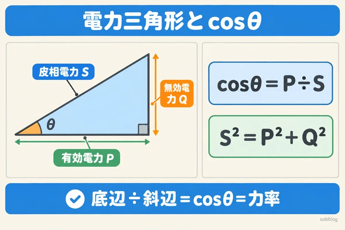 電力三角形の図。底辺が有効電力P、高さが無効電力Q、斜辺が皮相電力Sで、cosθ=P÷S、S²=P²+Q²