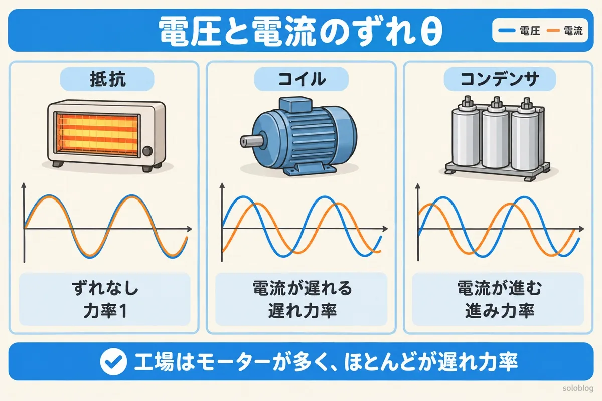 電圧と電流のずれの図。抵抗ではずれがなく力率1、コイルでは電流が遅れ、コンデンサでは電流が進む