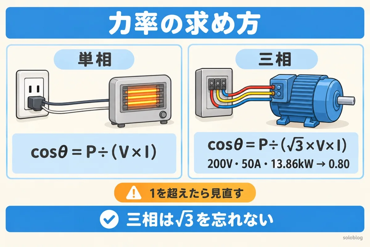 力率の求め方の図。単相はcosθ=P÷(V×I)、三相はcosθ=P÷(√3×V×I)で、200V・50A・13.86kWなら力率0.80