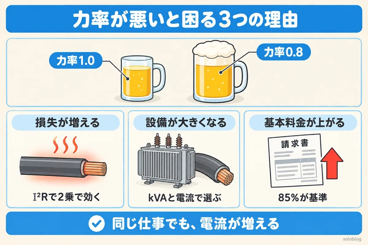 力率が悪いと困る3つの理由の図。同じ仕事でも電流が増え、電線の損失が増える、設備が大きくなる、基本料金が上がる
