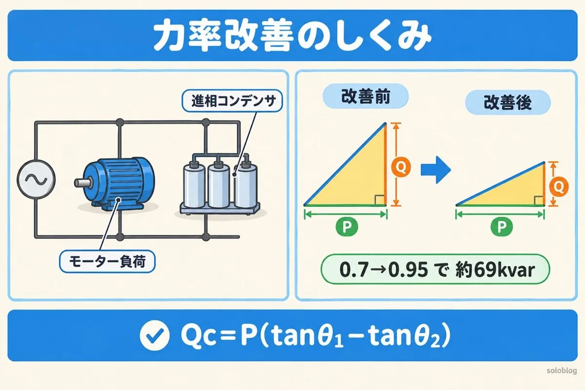 力率改善のしくみの図。進相コンデンサを負荷と並列につなぐと無効電力Qが減って三角形が低くなる。100kWを力率0.7から0.95にするには約69kvar