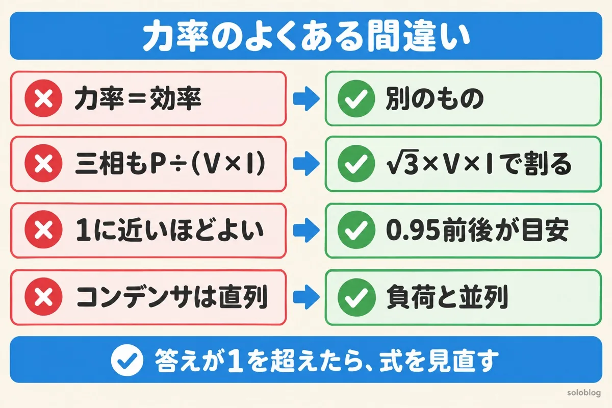 力率のよくある間違いの図。力率と効率は別、三相は√3×V×Iで割る、目安は0.95前後、進相コンデンサは並列につなぐ