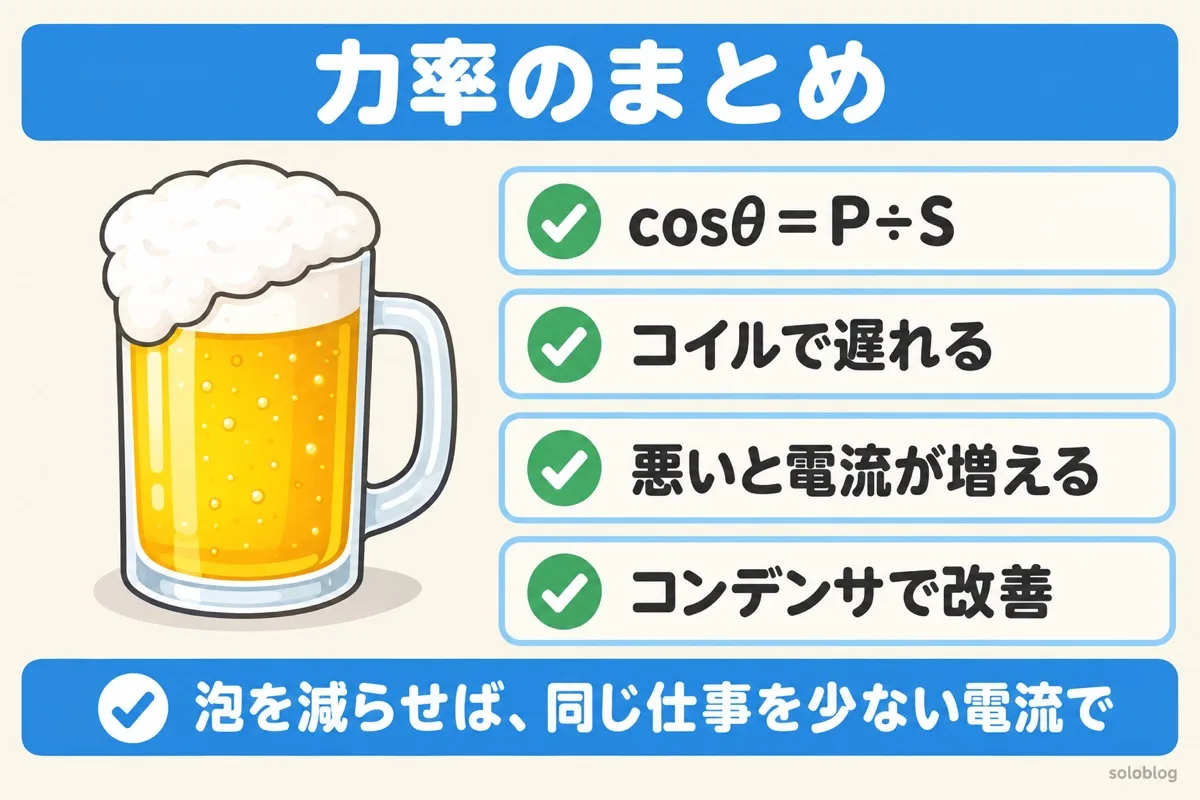 力率のまとめの図。cosθ=P÷S、コイルで電流が遅れる、力率が悪いと電流が増える、進相コンデンサで改善する