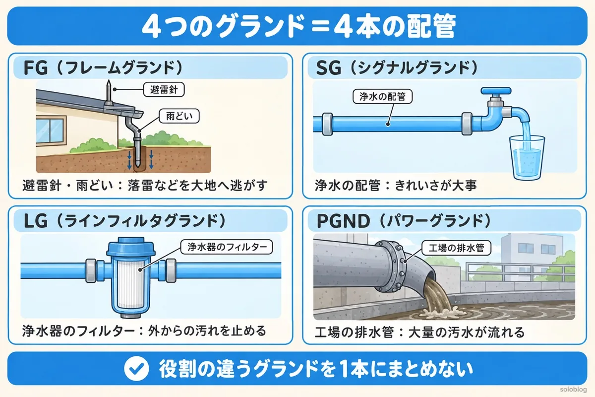 4つのグランドを家の配管にたとえた図。FGは避雷針や雨どい、SGは浄水の配管、LGは浄水器のフィルター、PGNDは工場の排水管