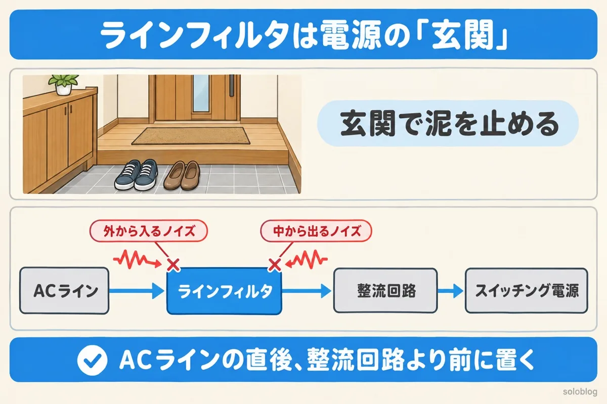 ラインフィルタは電源の玄関という図。ACライン、ラインフィルタ、整流回路、スイッチング電源の順に並び、ラインフィルタが外から入るノイズと中から出るノイズの両方を止める