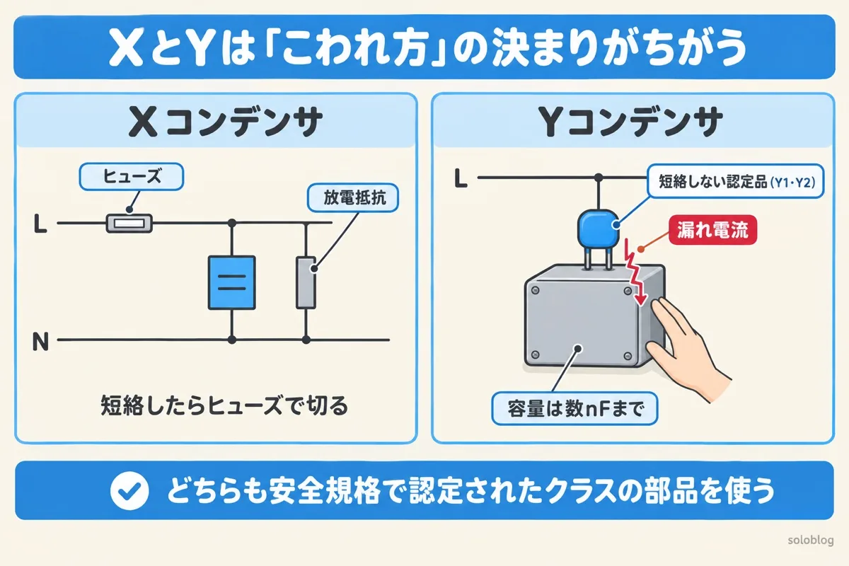 XコンデンサとYコンデンサの安全のちがいの図。Xは短絡したらヒューズで切り、放電抵抗を入れる。Yは短絡すると感電するので短絡しない認定品を使い、漏れ電流のため容量は数nFまで