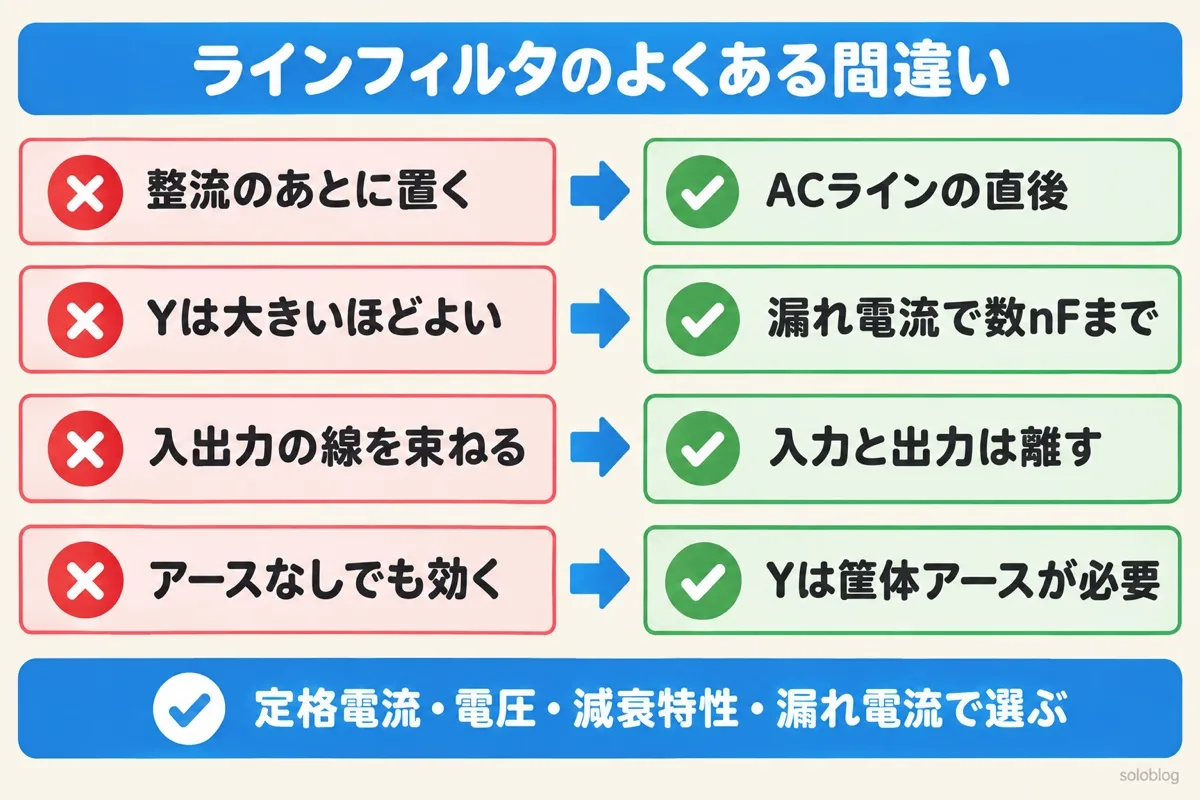 ラインフィルタのよくある間違いの図。ACラインの直後に置く、Yコンデンサは漏れ電流で数nFまで、入力と出力の線は離す、Yコンデンサは筐体アースが必要