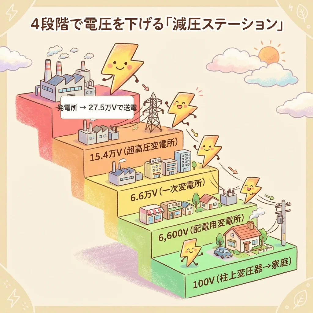 変電所で電圧を4段階で下げる図。発電所から27.5万Vで送電し、15.4万V(超高圧変電所)、6.6万V(一次変電所)、6,600V(配電用変電所)と下げ、柱上変圧器で100V/200Vにして家庭へ