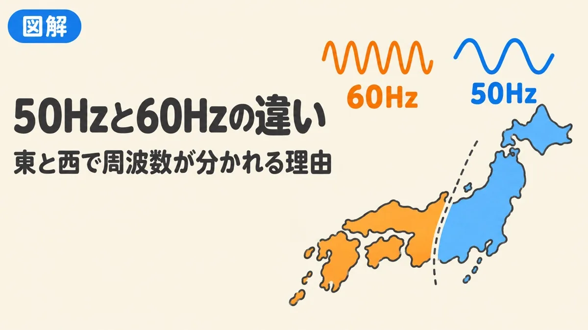 50Hzと60Hzの違いを表すアイキャッチ。日本の東が50Hz、西が60Hzに分かれている