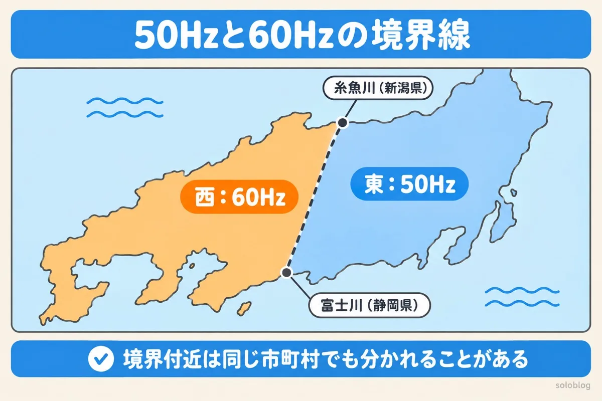 50Hzと60Hzの境界線の図。新潟県の糸魚川付近と静岡県の富士川を結ぶ線の東が50Hz、西が60Hz