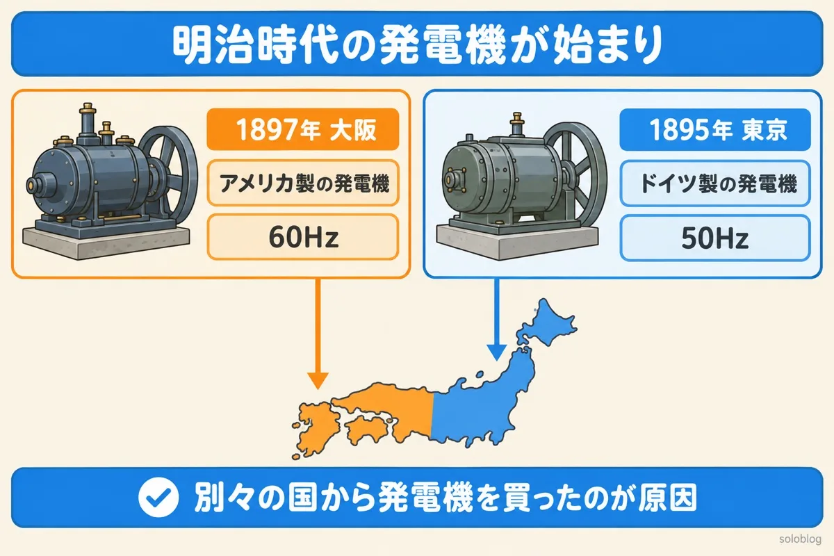 東西で周波数が分かれた理由の図。1895年に東京がドイツ製の50Hz、1897年に大阪がアメリカ製の60Hzの発電機を導入した