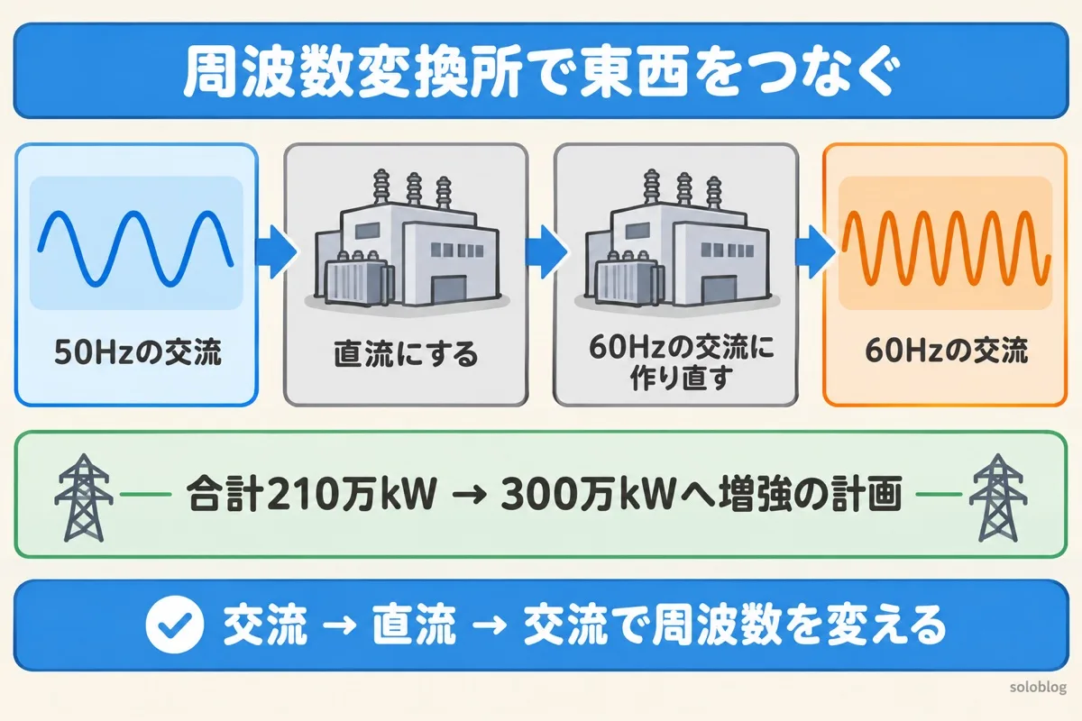 周波数変換所の図。50Hzの交流を直流にしてから60Hzの交流に作り直す。合計210万kWで、300万kWへ増やす計画